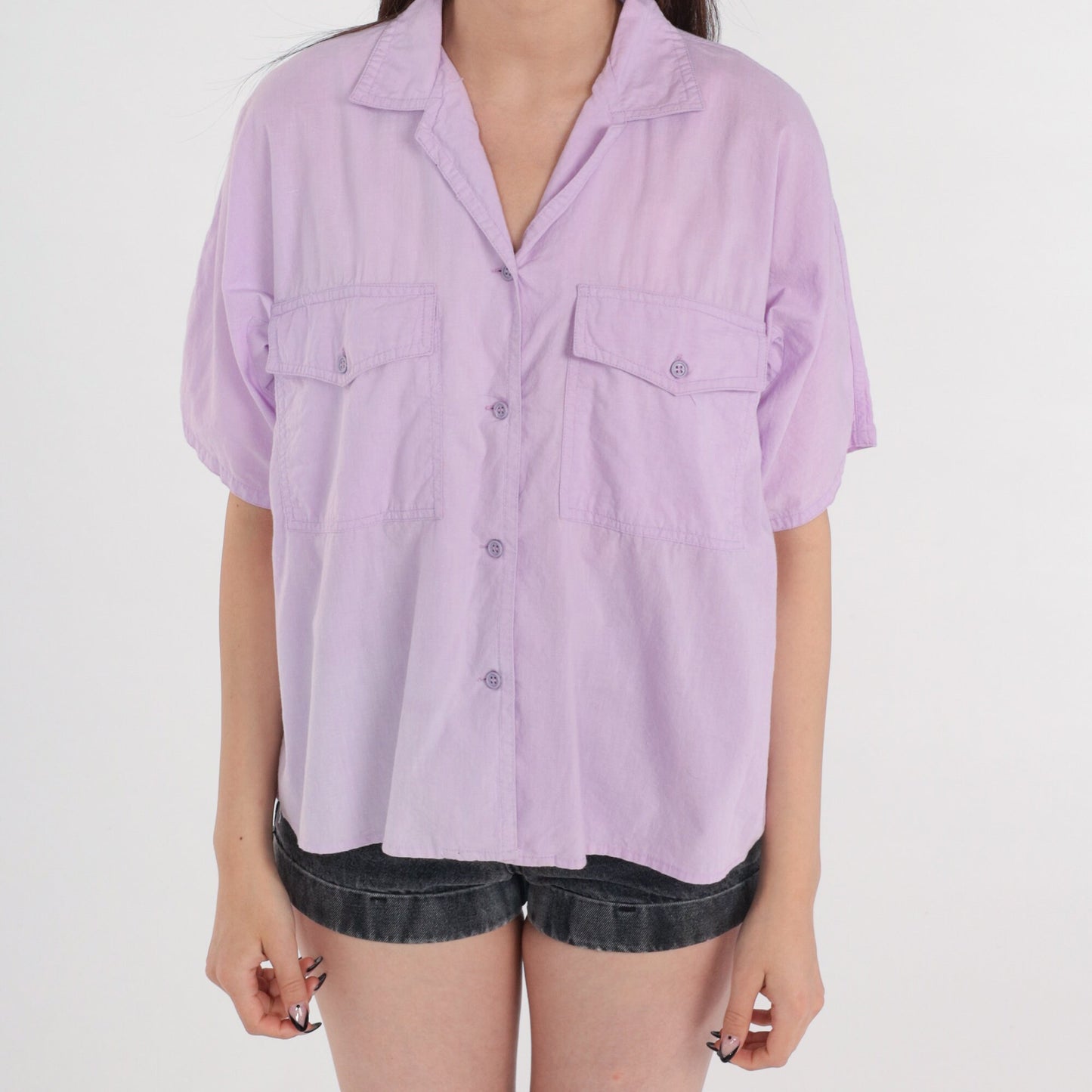 90s Lilac Cotton Button-Up Blouse Short Sleeve Collared Chest Pocket Medium