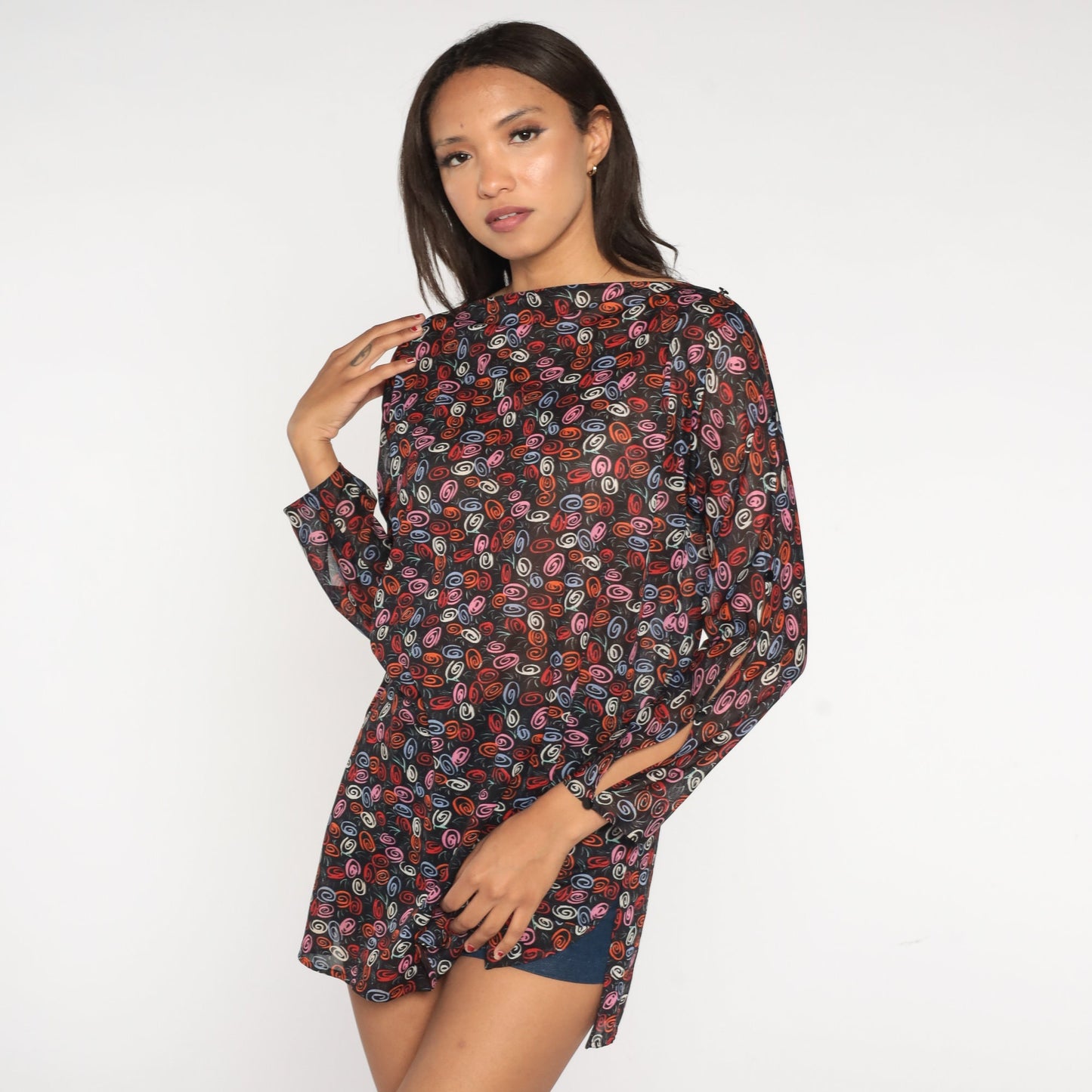 70s Black Swirl Print Blouse Boatneck Long Sleeve Cutout Medium Large