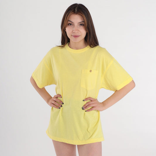 80s Yellow Pocket T-Shirt Cotton Blend Crewneck Medium M
