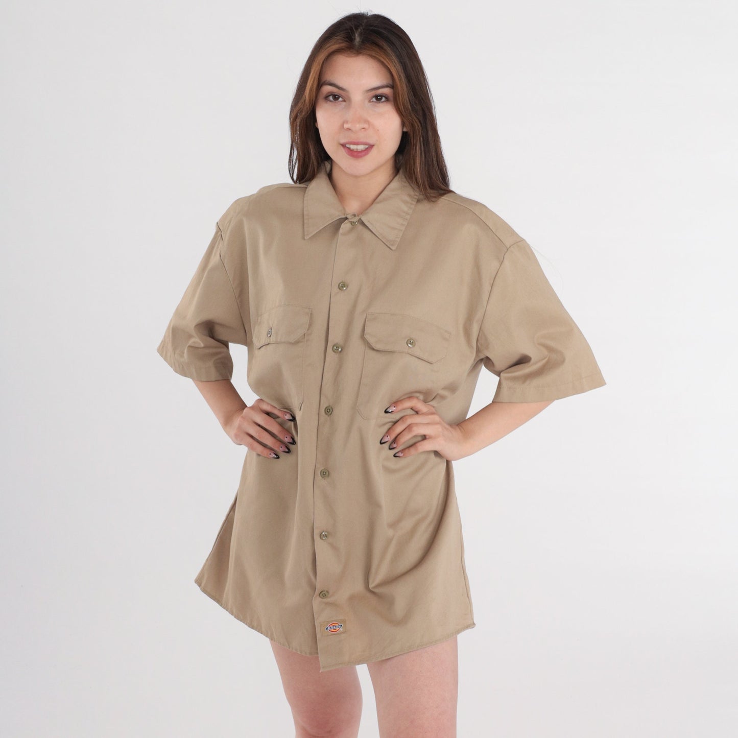 Dickies Y2K Khaki Button-Up Utility Shirt Short Sleeve Cotton Mens Large L