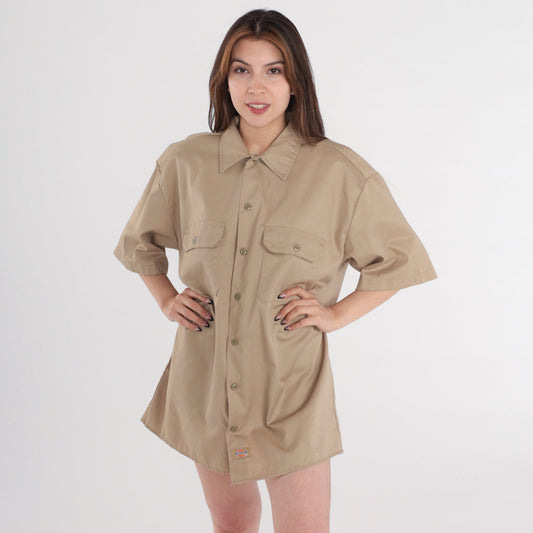Dickies Y2K Khaki Button-Up Utility Shirt Short Sleeve Cotton Mens Large L