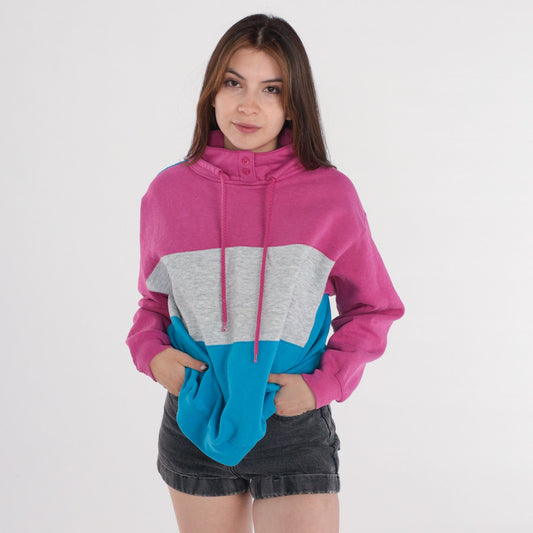 90s Striped Sweatshirt Pink Grey Blue Drawstring High Neck Large L