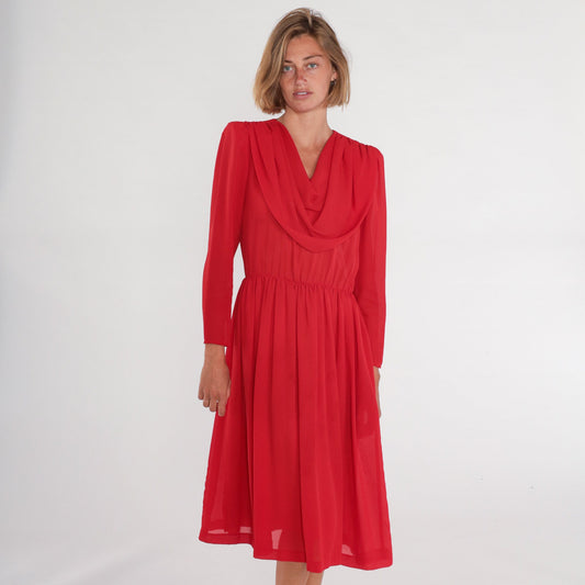 70s Red Disco Midi Dress Draped Cowl Neck Puff Sleeve High Waist Medium