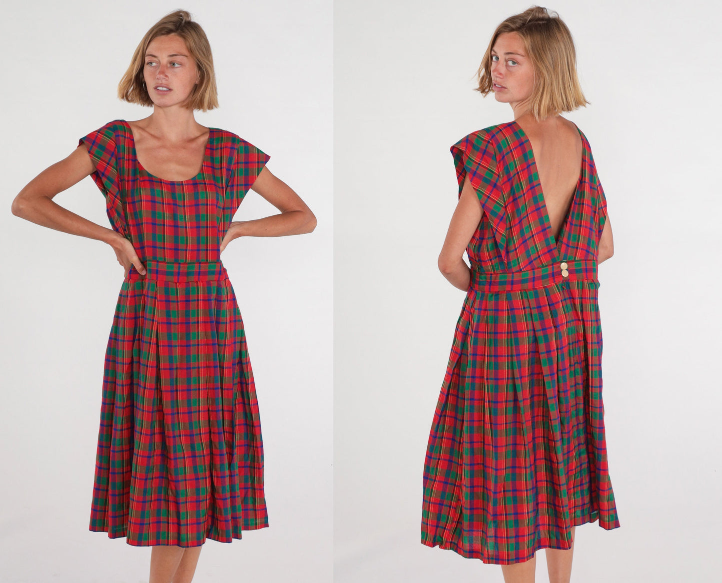 80s Red Green Plaid Pinafore Midi Dress High Waist Cap Sleeve Extra Large XXL