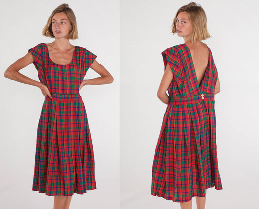 80s Red Green Plaid Pinafore Midi Dress High Waist Cap Sleeve Extra Large XXL