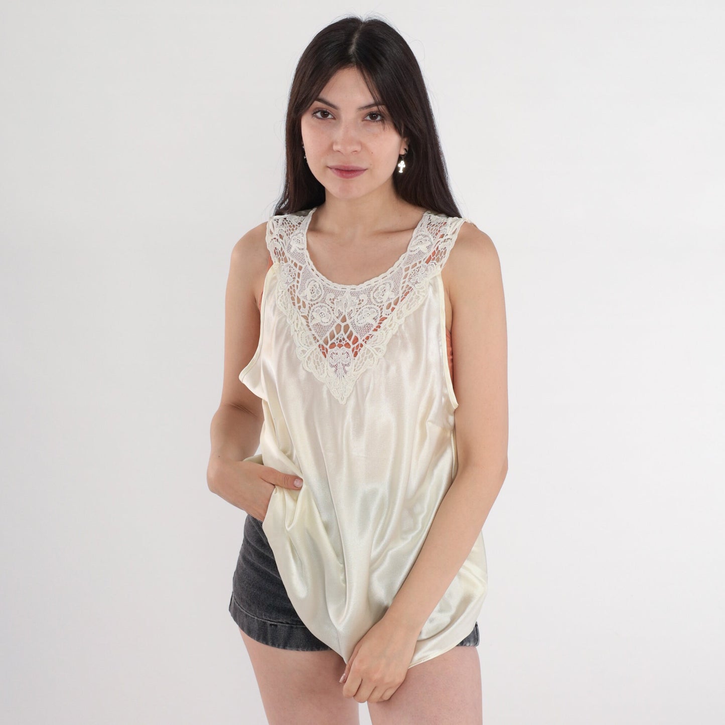 90s White Satin Camisole Tank Top with Crochet Lace Trim Large L