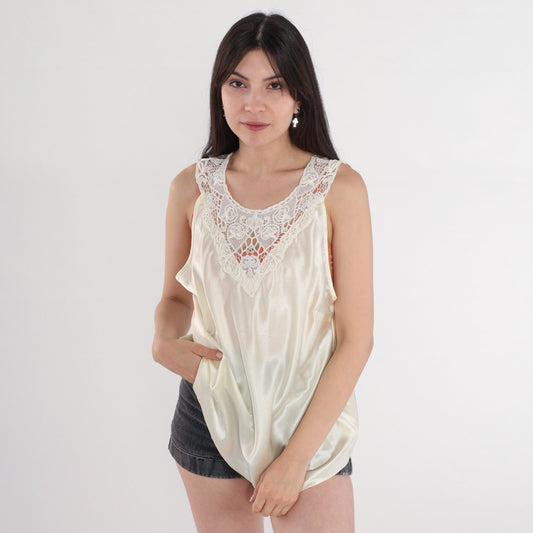 90s White Satin Camisole Tank Top with Crochet Lace Trim Large L