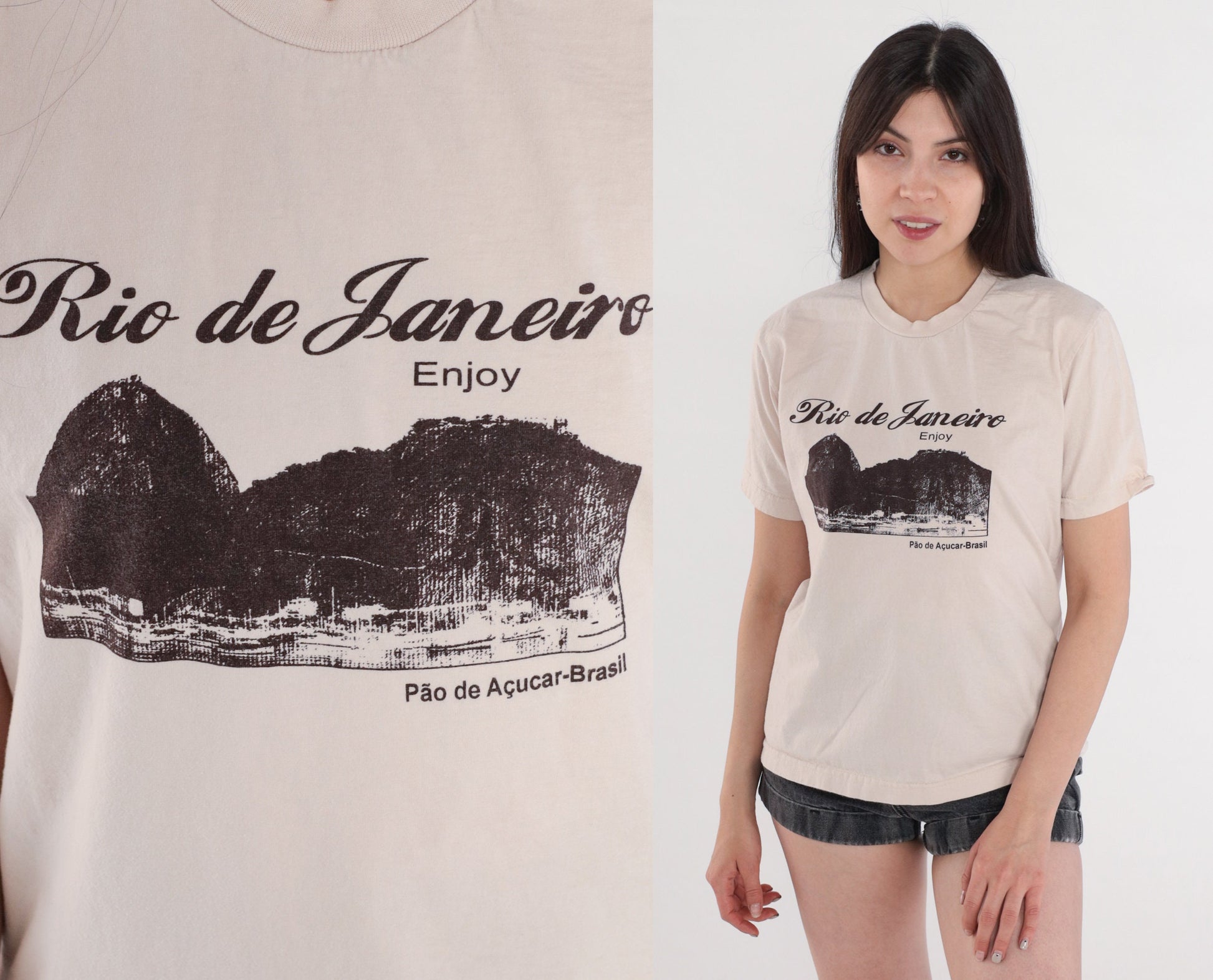 Y2K Rio de Janeiro Brazil Graphic T-Shirt Beige Cotton Tee Small