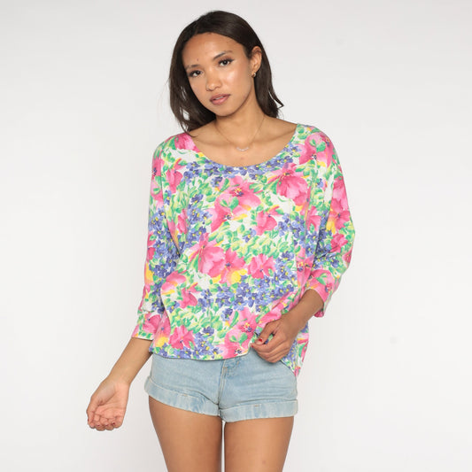 90s Floral Long Sleeve Shirt Flower Print Cotton Blend Women's 14/16