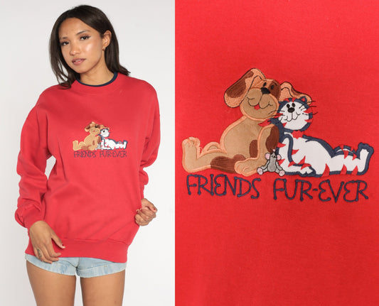 90s Cat Dog Friends Fur-ever Sweatshirt Red Graphic Crewneck Medium
