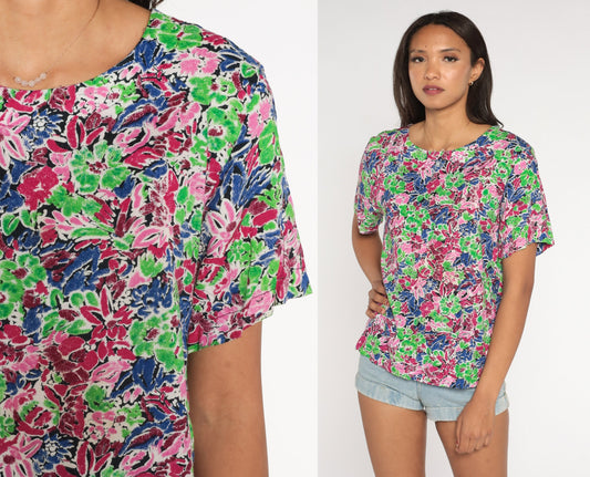 90s Floral Rayon Blouse Short Sleeve Pullover Top Neon Green Pink Purple Small S