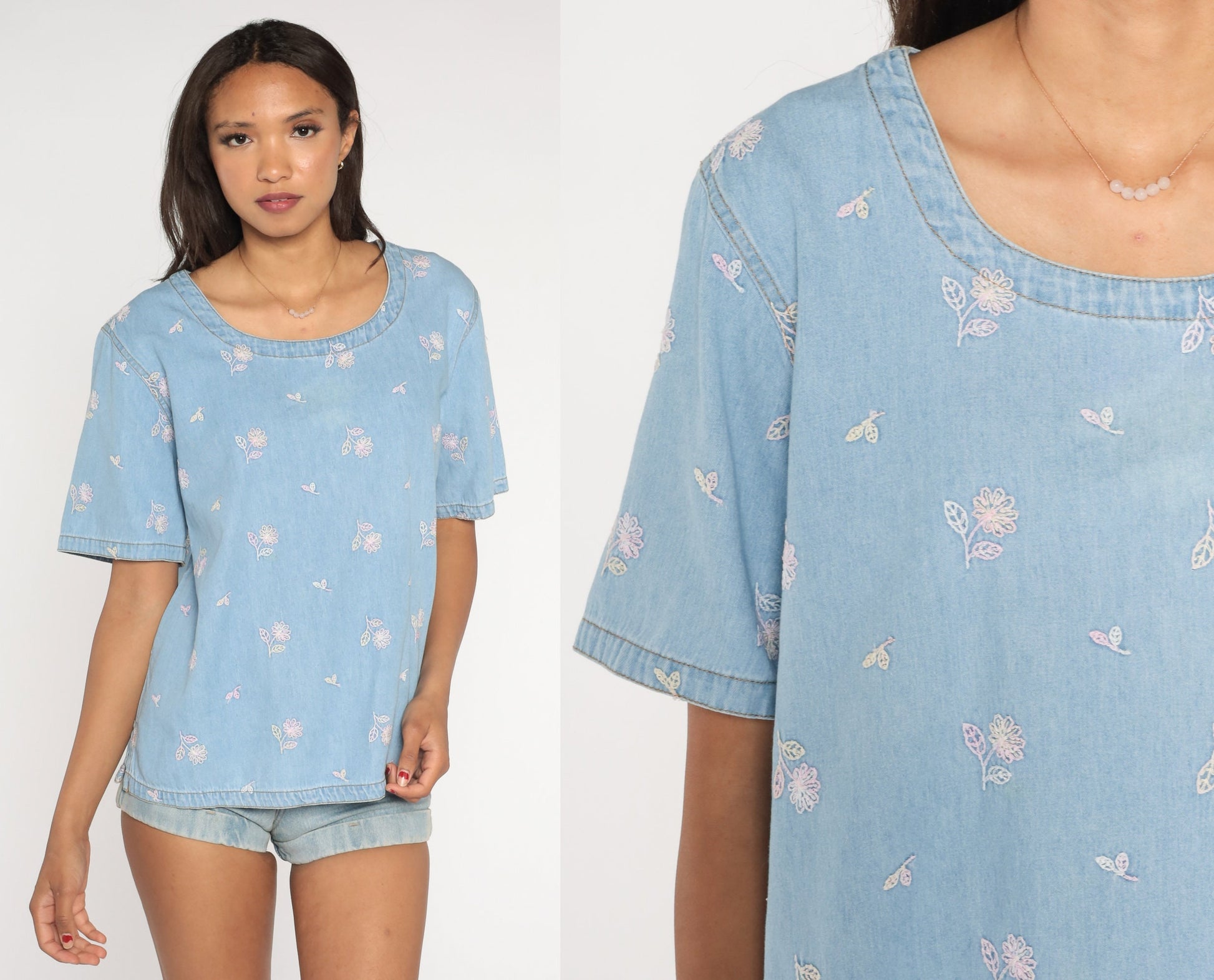 90s Blue Denim Floral Embroidered Shirt Short Sleeve Pullover Extra Large
