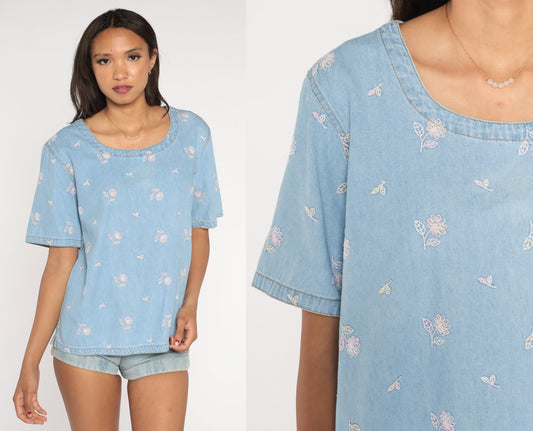 90s Blue Denim Floral Embroidered Shirt Short Sleeve Pullover Extra Large