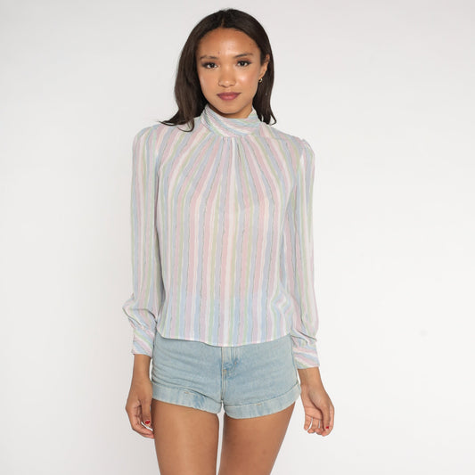 80s Pastel Striped Puff Sleeve Blouse Mock Neck Button Back Lavender Small