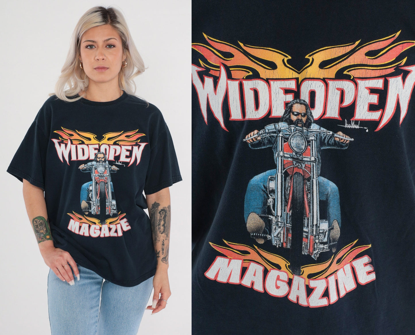 00s Wide Open Magazine Biker Graphic T-Shirt Black Flames Motorcycle Tee Large L