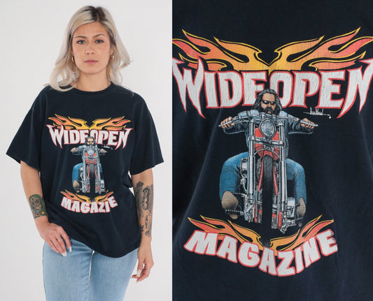 00s Wide Open Magazine Biker Graphic T-Shirt Black Flames Motorcycle Tee Large L