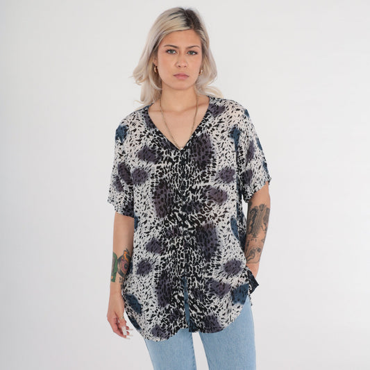 90s Leopard Animal Print Button Up Blouse V Neck Short Sleeve Plus Size XXL