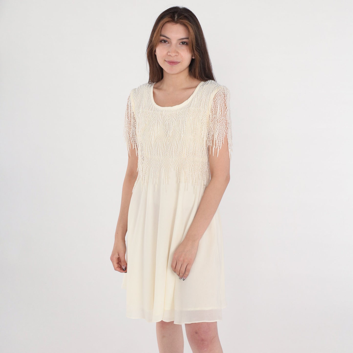 90s Cream Mini Dress Crochet Fringe Capelet Short Sleeve Small