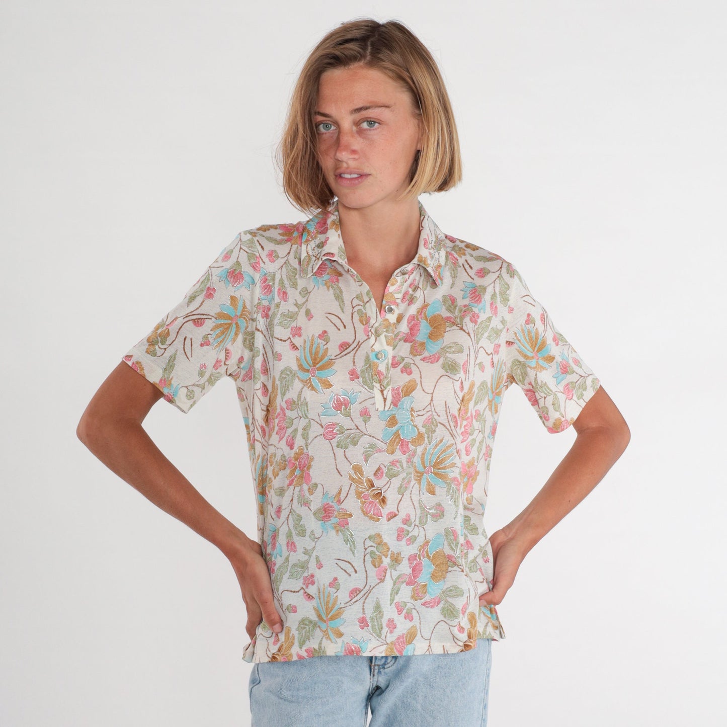 Y2K White Floral Blouse Rhinestone Metallic Trim Button-Up Short Sleeve Medium M