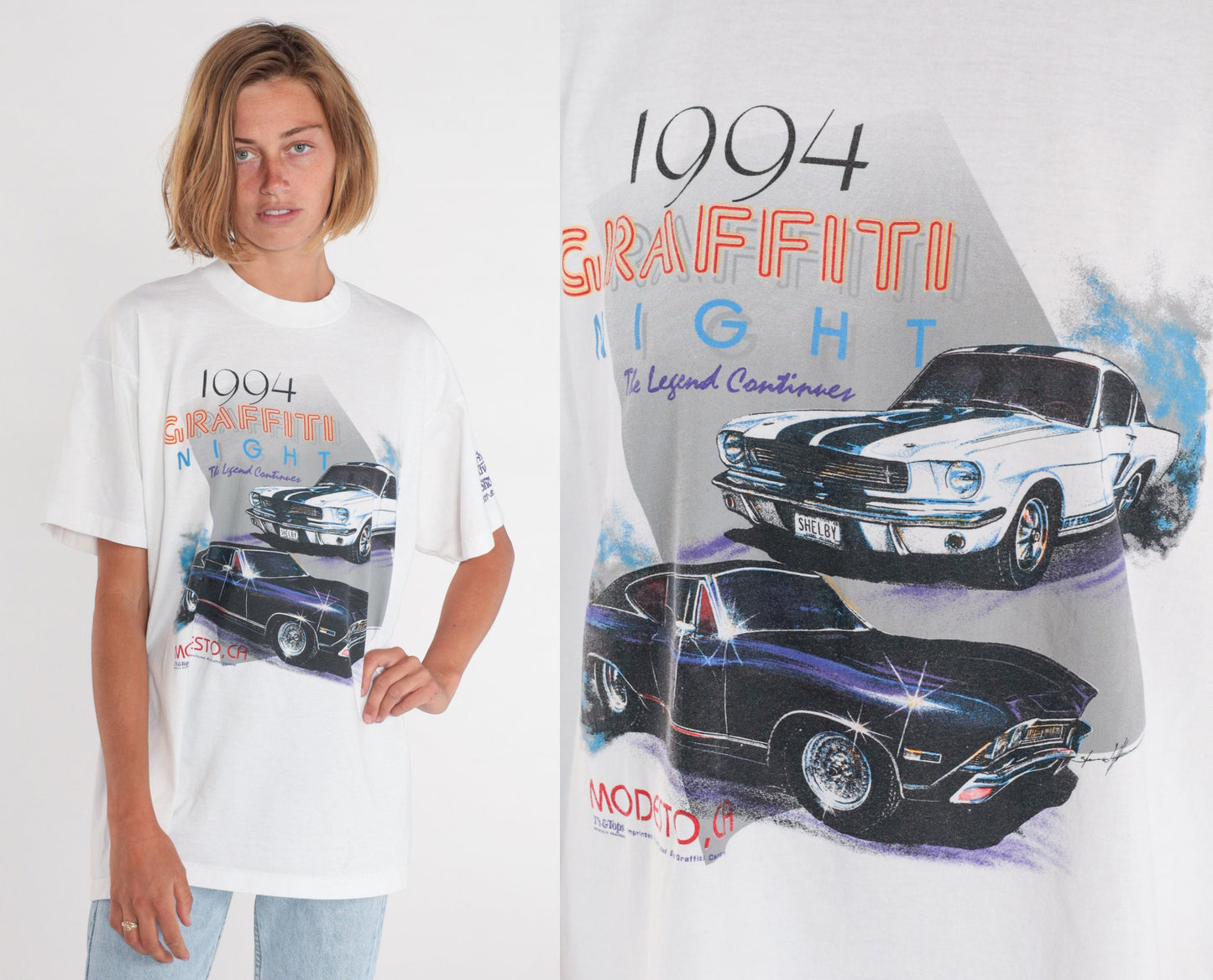 90s Graffiti Night Hot Rod Graphic T-Shirt White Cotton Single Stitch Extra Large XL