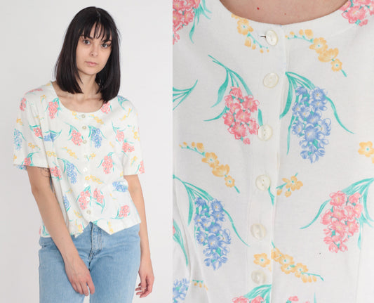 80s Jaclyn Smith Sport White Floral Button-Up Blouse Short Sleeve Large L