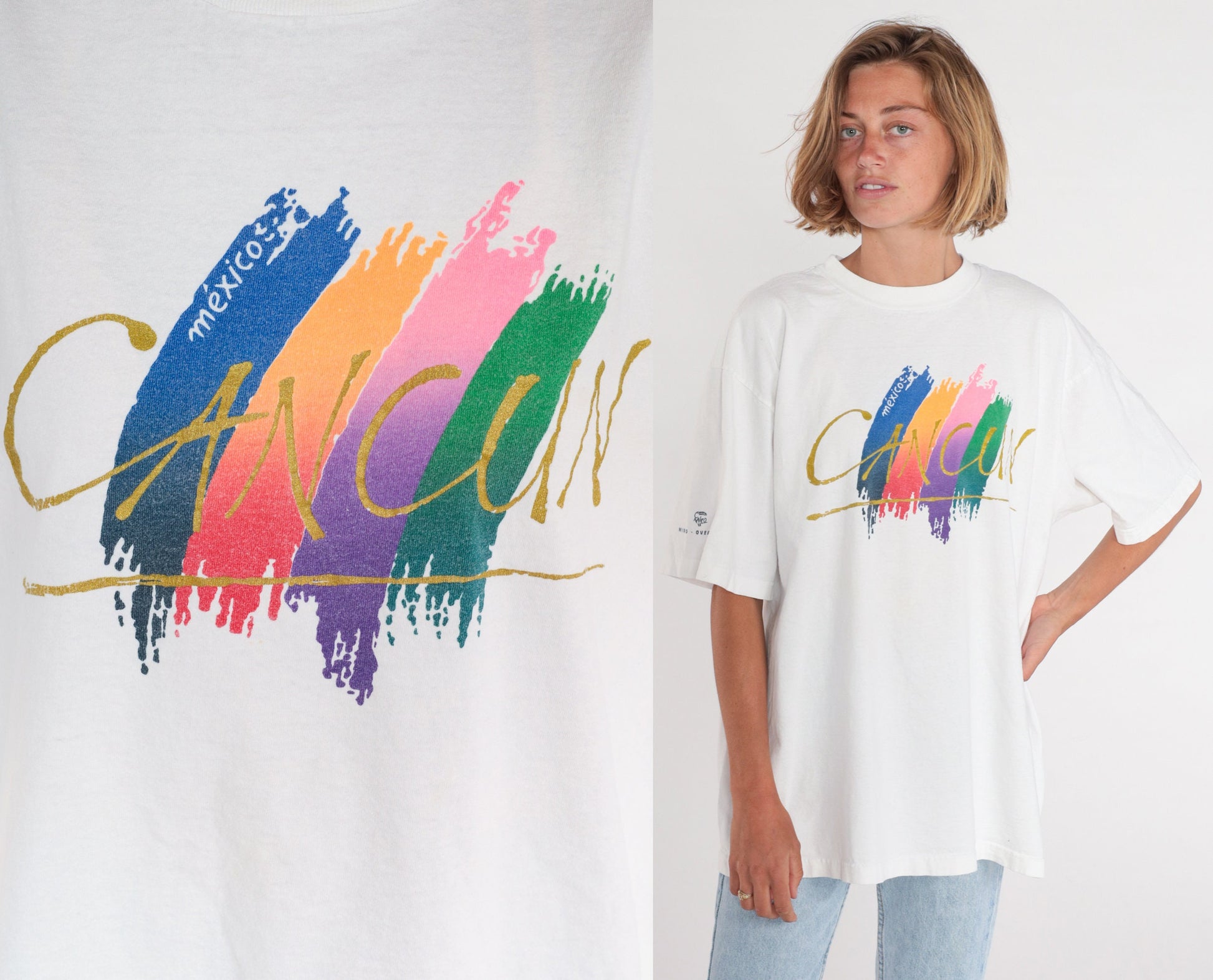 90s Cancun Mexico Graphic T-Shirt White Brushstroke XXL