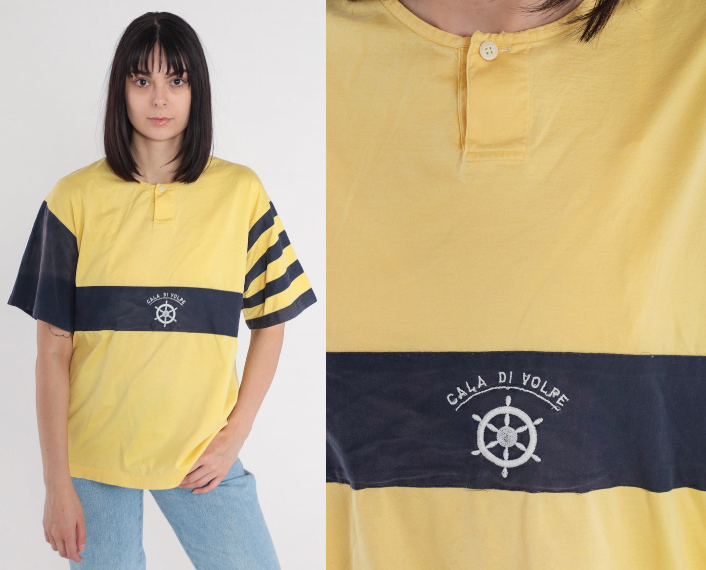 80s Cala Di Volpe Striped Henley Tee Yellow Navy Ships Helm Embroidered Large
