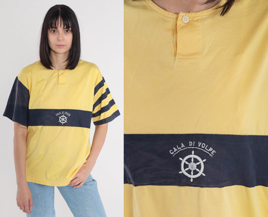 80s Cala Di Volpe Striped Henley Tee Yellow Navy Ships Helm Embroidered Large