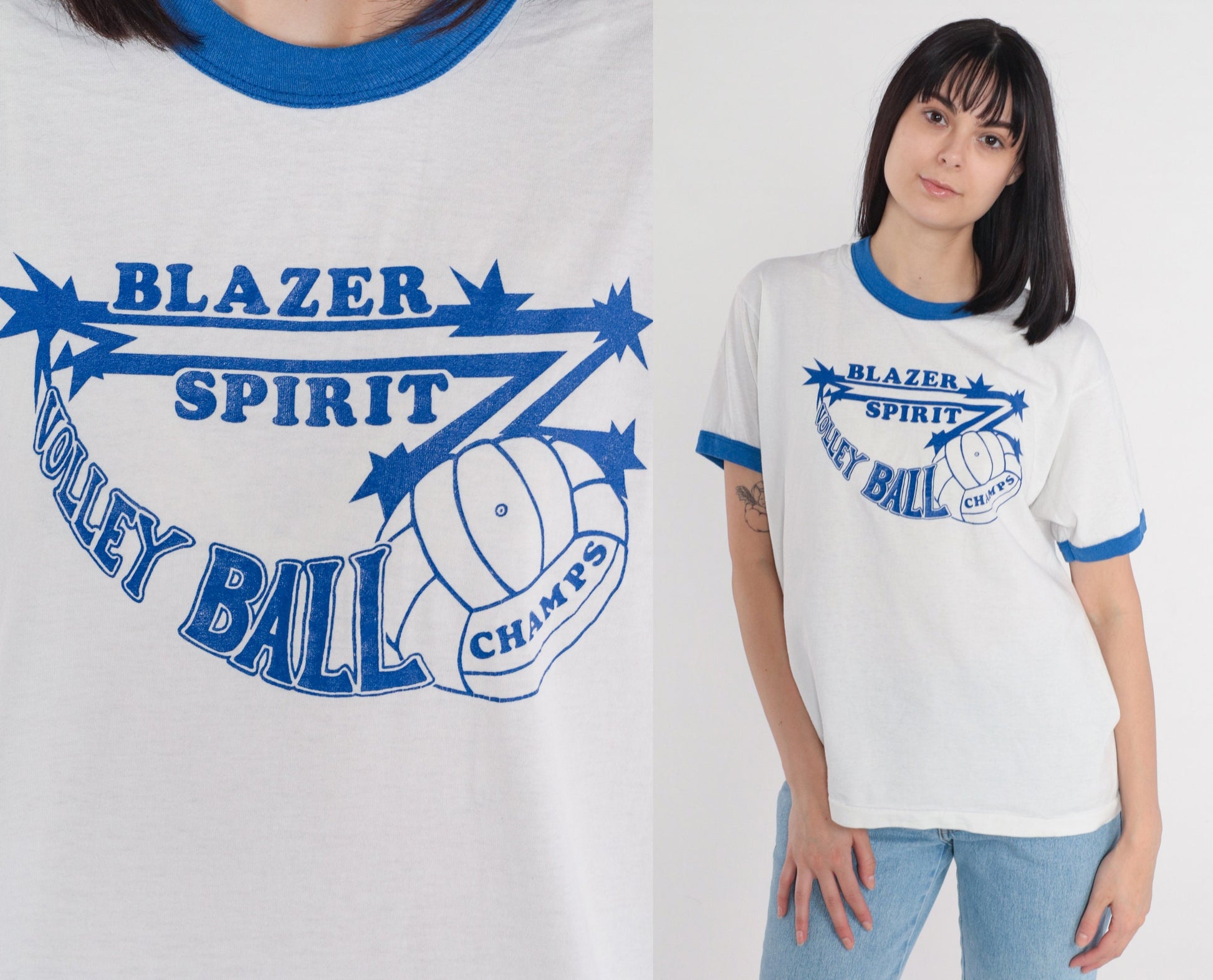 90s Screen Stars UAB Volleyball Ringer Tee White Blue Trim Extra Large XL