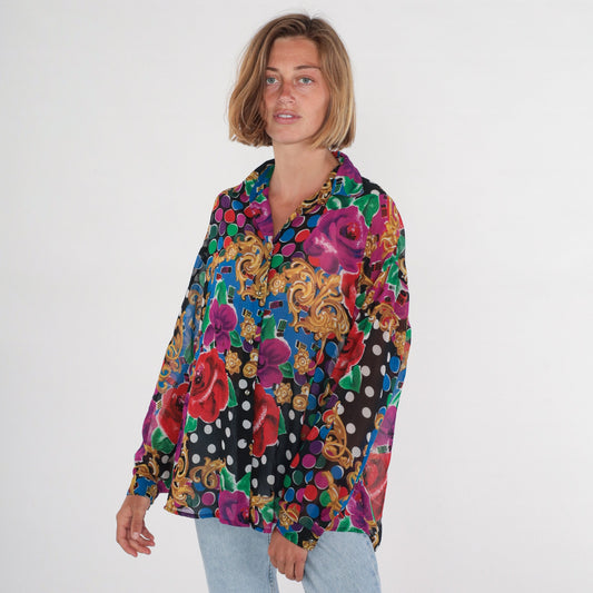 90s Express Baroque Floral Polka Dot Button-Up Blouse Long Sleeve Medium
