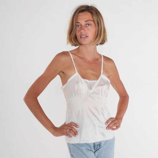 80s White Nylon Camisole Lace Trim Spaghetti Strap Empire Waist Small