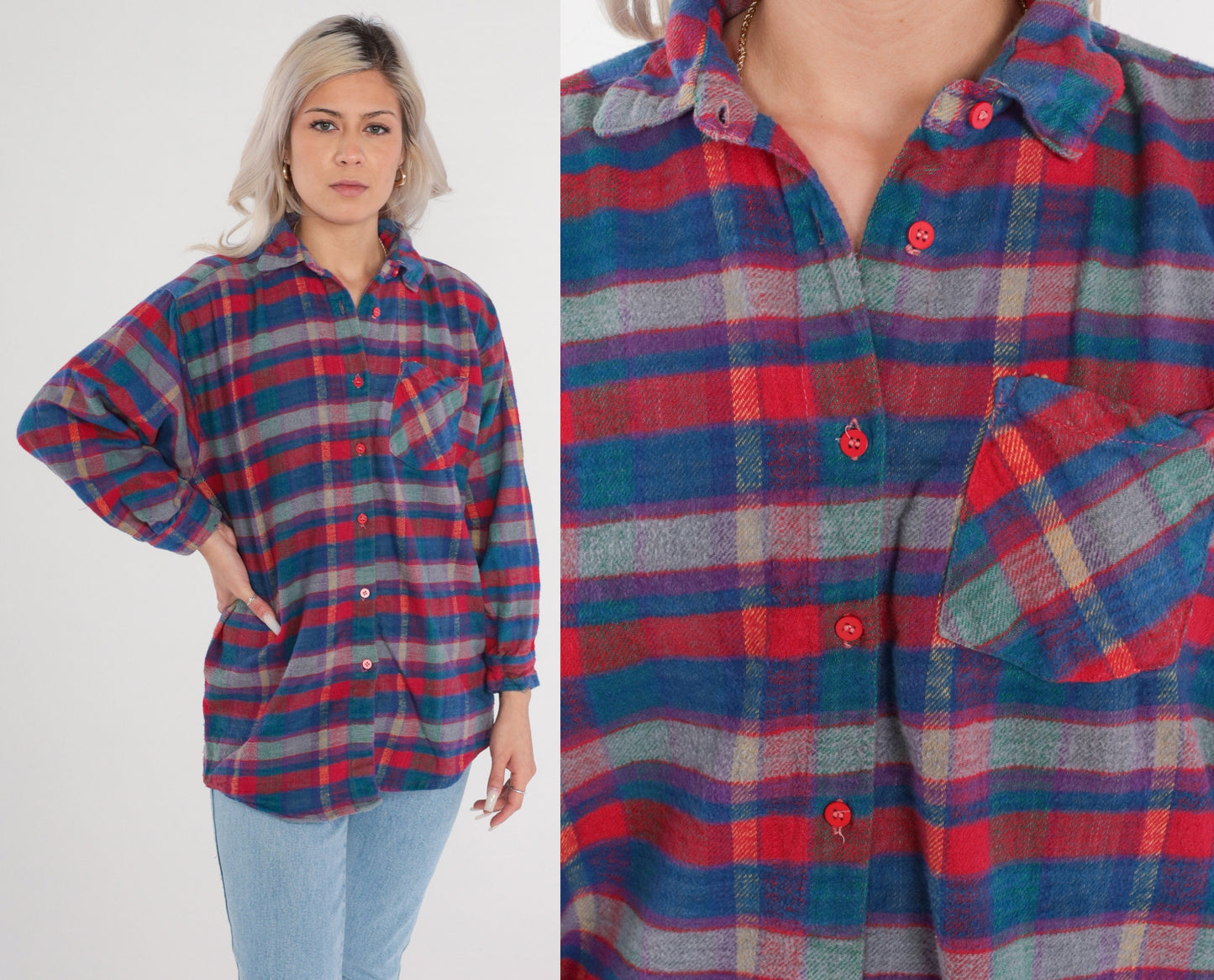 90s Plaid Cotton Flannel Shirt Button Up Long Sleeve Medium