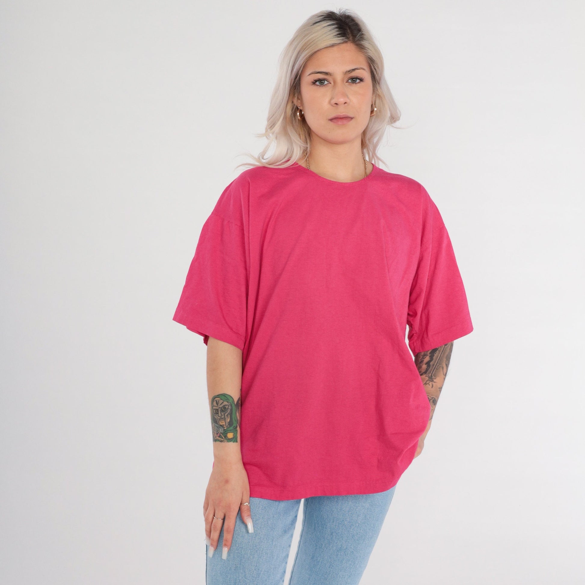 90s Hot Pink Plain Cotton T-Shirt Short Sleeve Solid Tee Extra Large