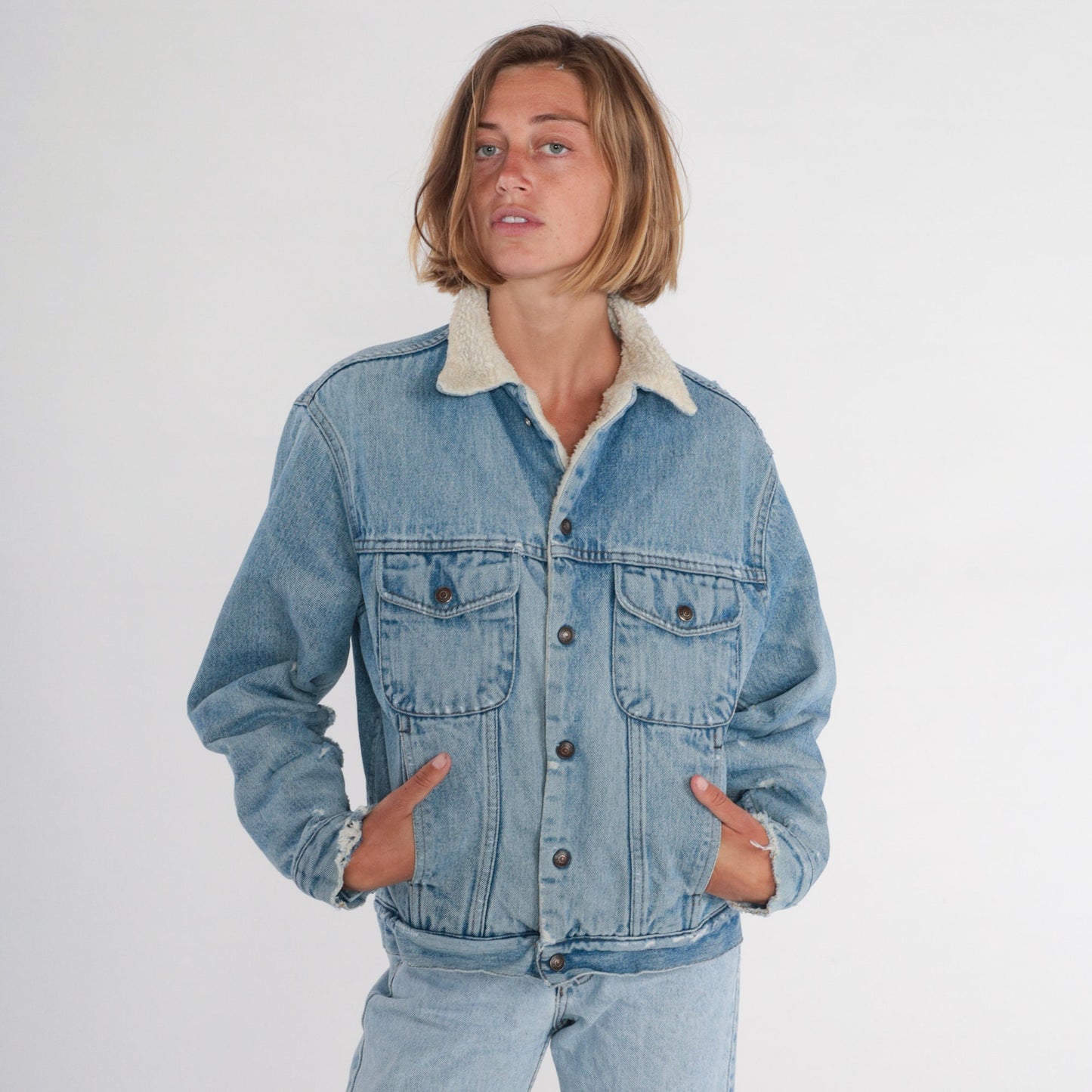 90s Gap Denim Jacket Blue Shearling Lined Snap Front Small S