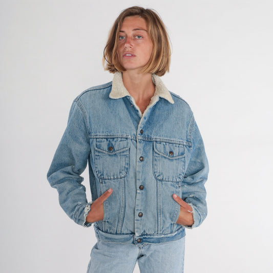 90s Gap Denim Jacket Blue Shearling Lined Snap Front Small S