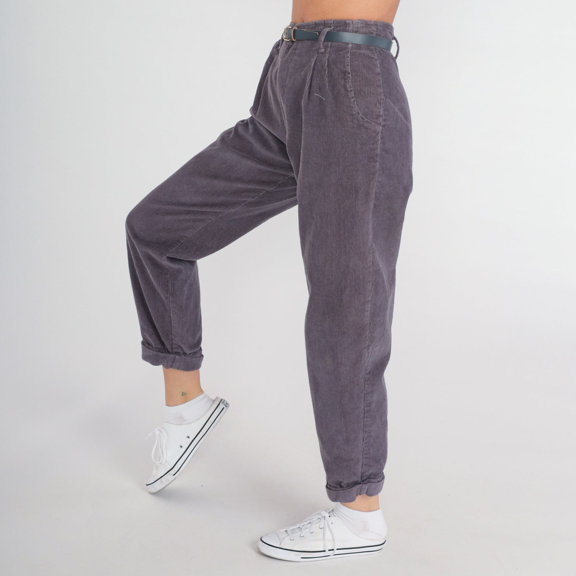 80s Purple Corduroy High-Waist Pleated Tapered Trousers Extra Small
