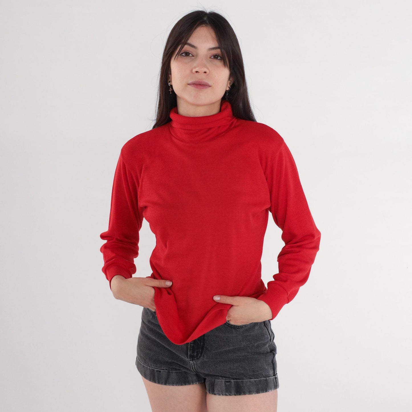 80s Red Turtleneck Long Sleeve Pullover Top Medium