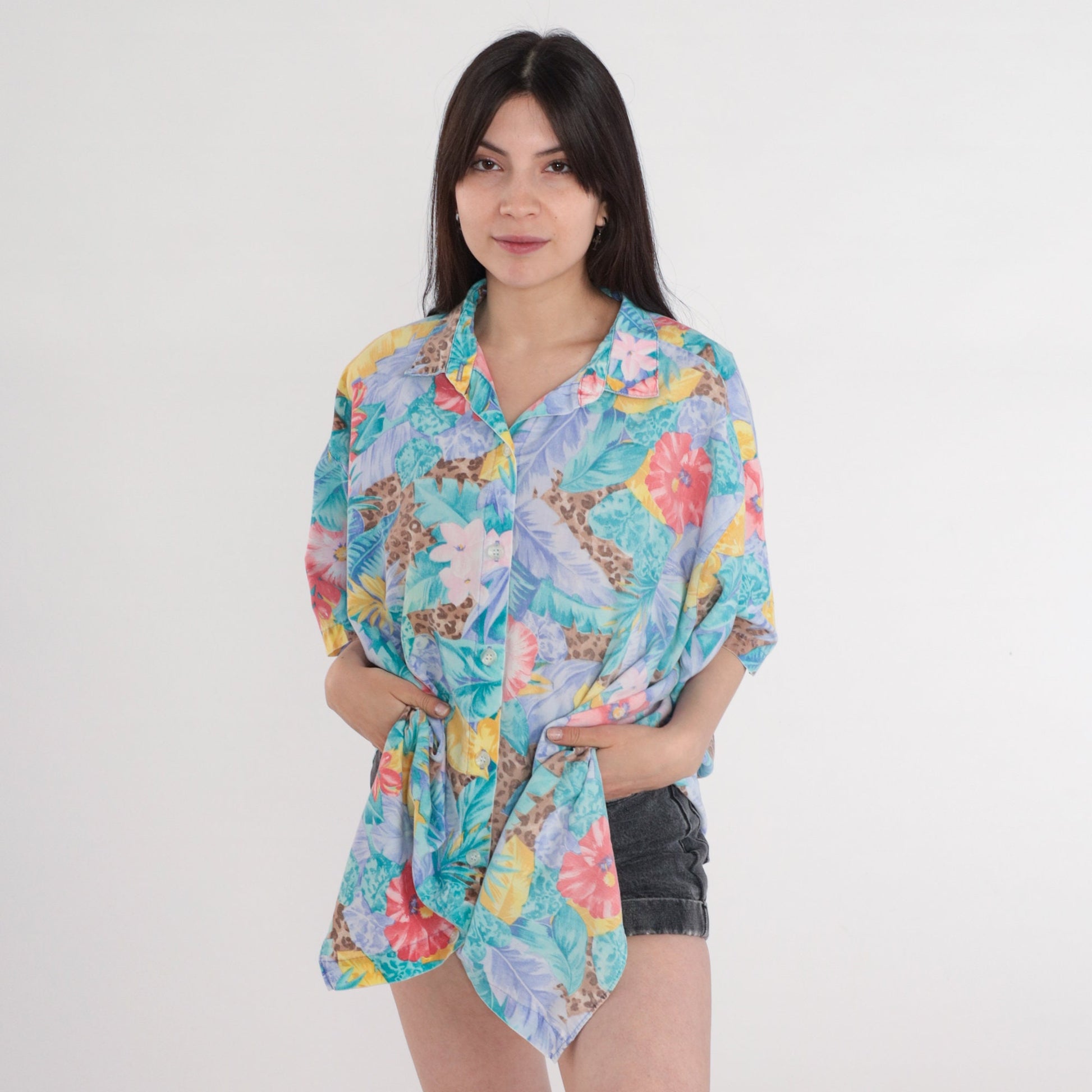 90s Tropical Leopard Floral Button-Up Blouse Turquoise Plus Size XXL