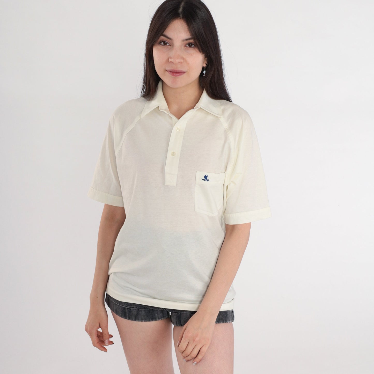 80s Tori Richard Catamaran Polo Shirt Off-White Collared Raglan Medium