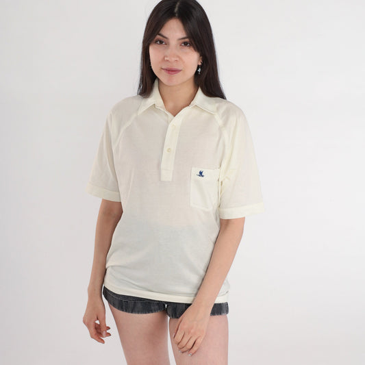 80s Tori Richard Catamaran Polo Shirt Off-White Collared Raglan Medium