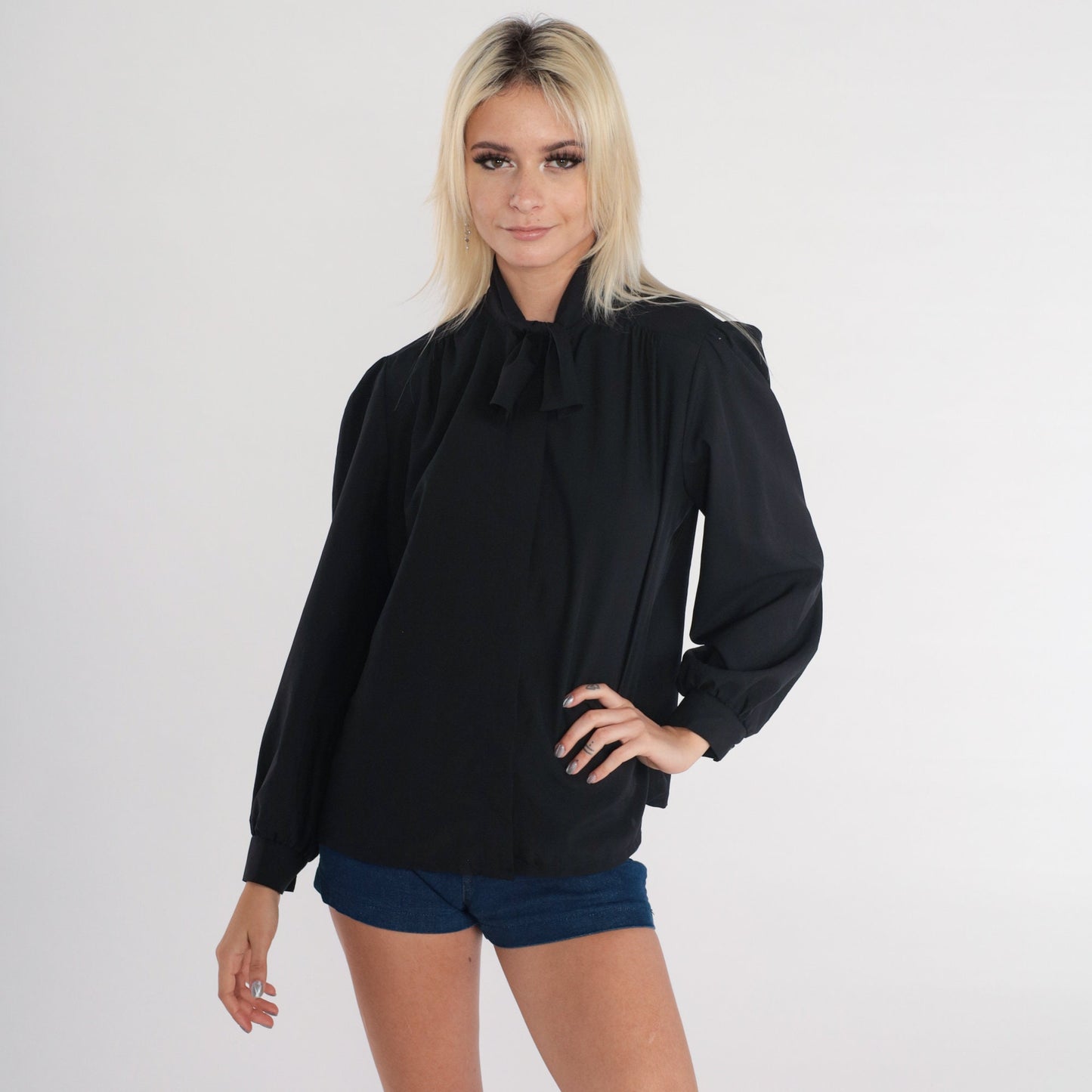 70s Black Ascot Blouse Button Up Necktie Puff Sleeve Shirt Medium M