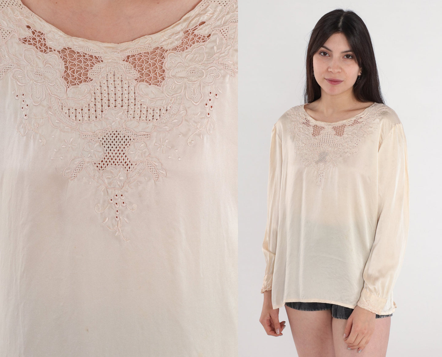 80s Cream Floral Embroidered Cutout Blouse Pink Flowers Medium