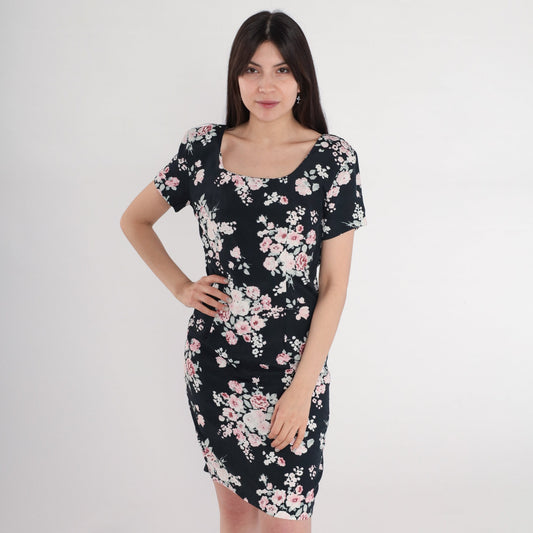 90s All That Jazz Floral Mini Dress Black Bodycon Short Sleeve Small