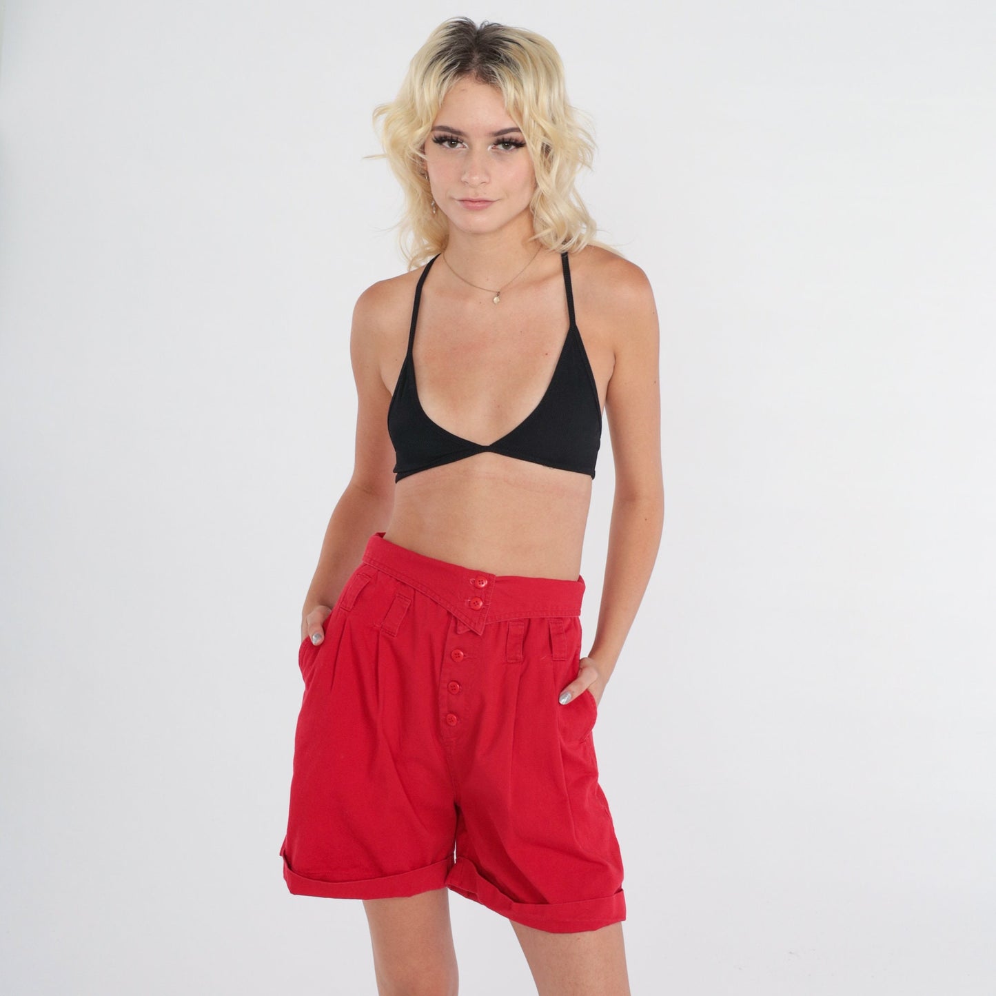 80s Red Cotton Pleated High-Waist Shorts Ultra Short Inseam Extra Small