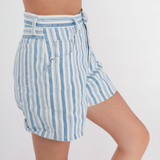 80s Striped Denim Shorts High Waisted Exposed Button Fly Blue White Extra Small