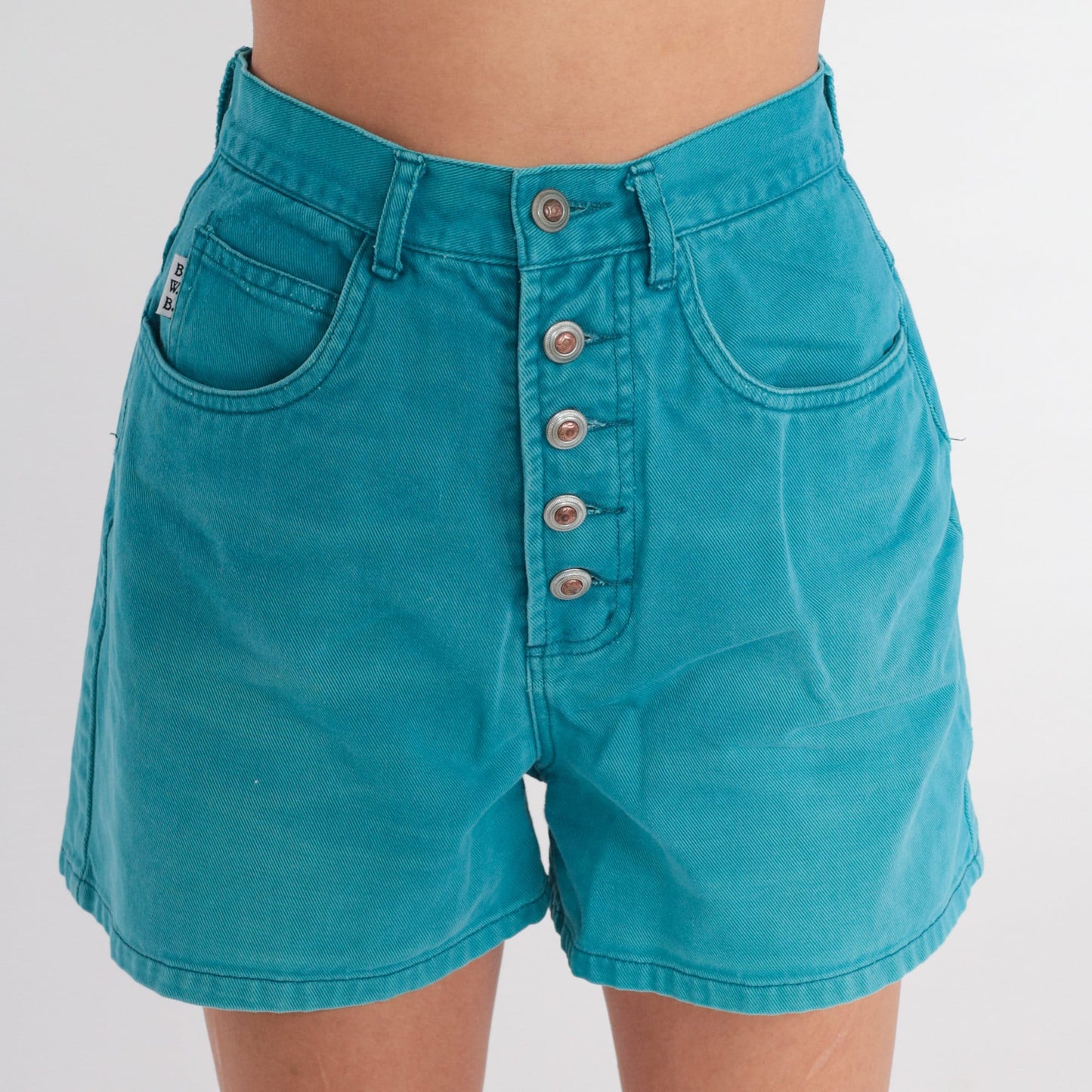 90s Turquoise Denim Shorts High Rise Button Fly Cotton Extra Small