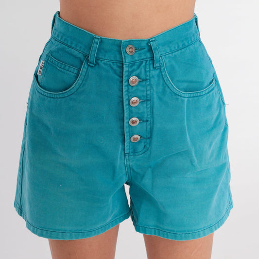 90s Turquoise Denim Shorts High Rise Button Fly Cotton Extra Small