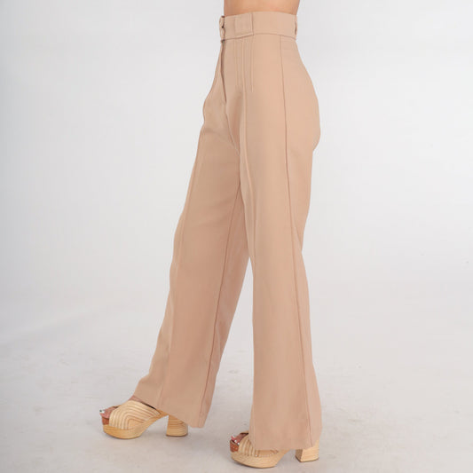 70s Tan Wide Leg High Rise Trousers Creased Straight Pants Extra Small