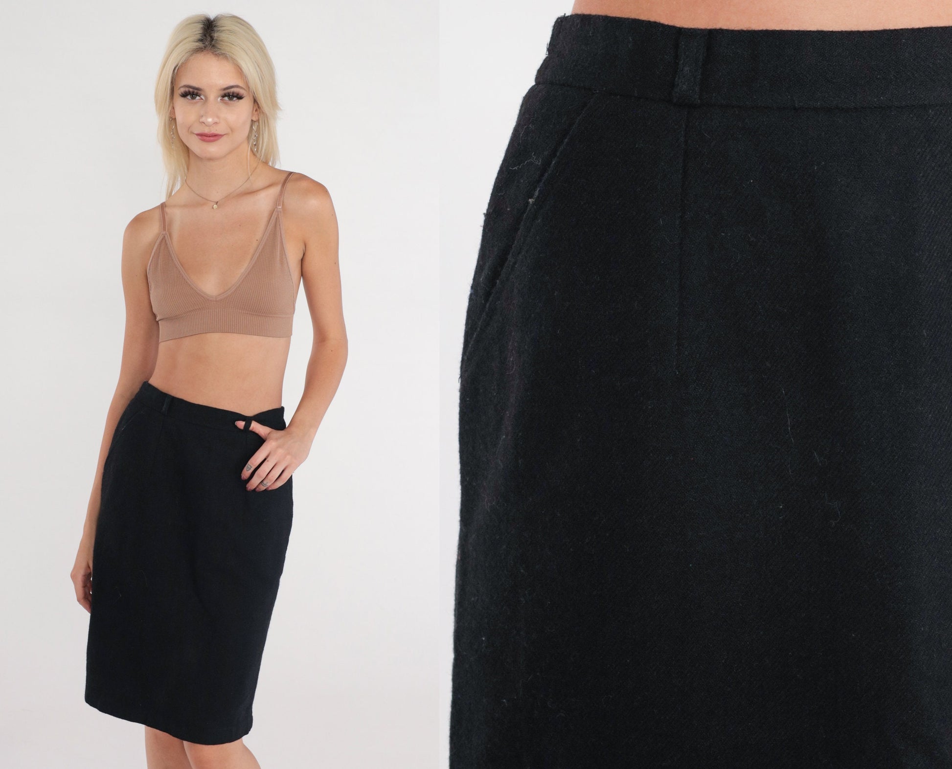 90s Black Wool Pencil Mini Skirt High Waist Rear Zip Extra Small
