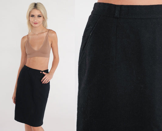 90s Black Wool Pencil Mini Skirt High Waist Rear Zip Extra Small